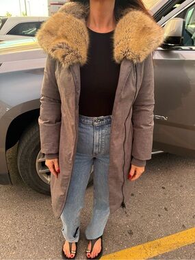 Babaton Taupe Puffer Coat with Golden Faux Fur Collar